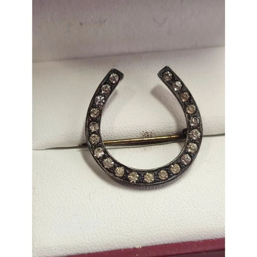 Victorian Sterling Silver Horseshoe Crystal Pin Brooch 925